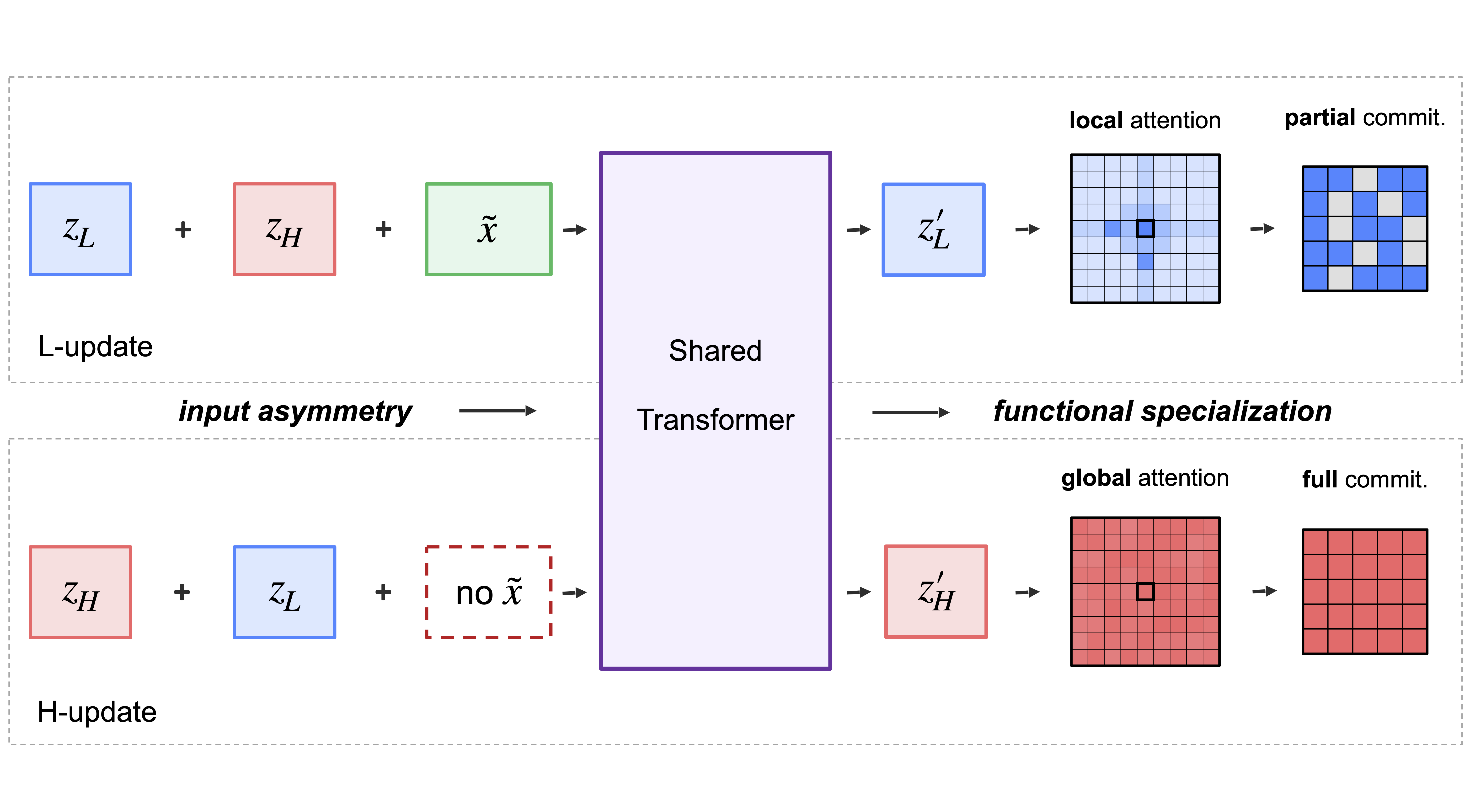The AIR architecture: one shared Transformer block applied with input injection for the L-update and without it for the H-update, driving two recurrent latent states.