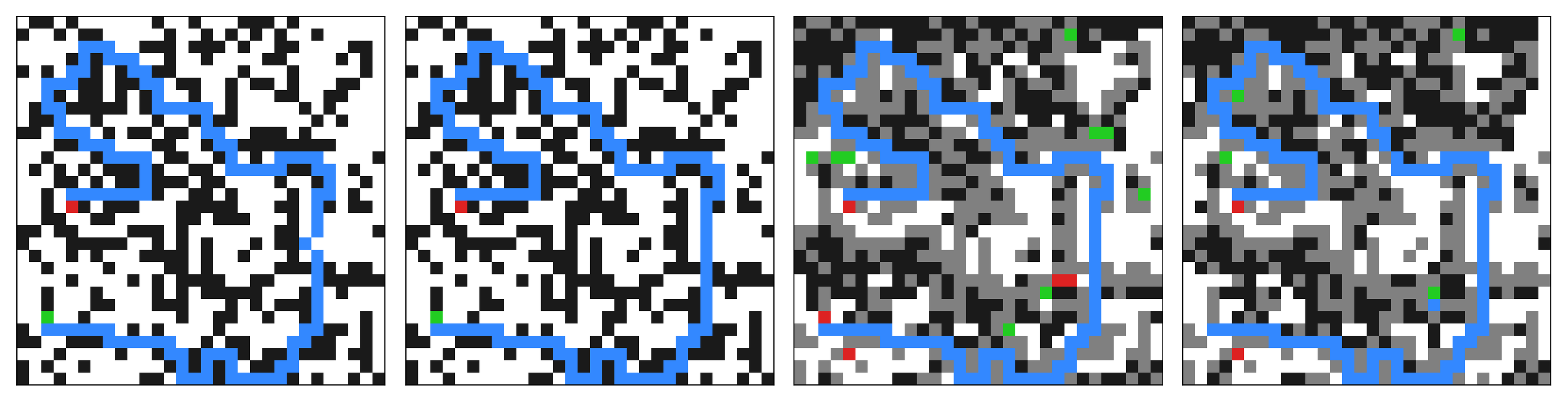 Decoded maze states: zH committed layout vs zL with PAD regions and shifting local structure.
